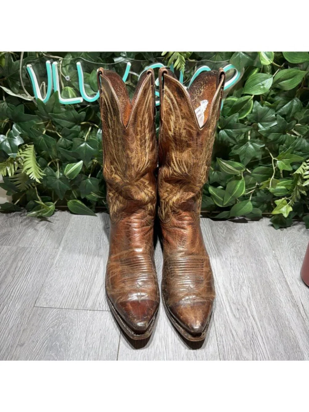 Lucchese 1883 Distressed Brown Leather Snip Toe Western Cowboy Boots Men 10.5 D